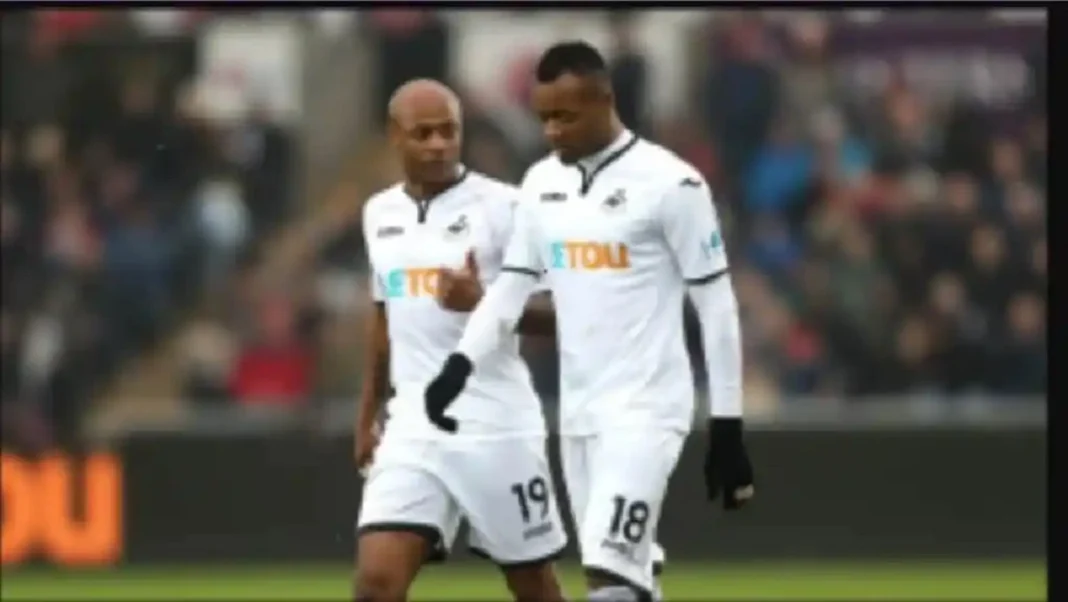 AndrÃ© et Jordan Ayew lors d'un match officiel avec le Ghana