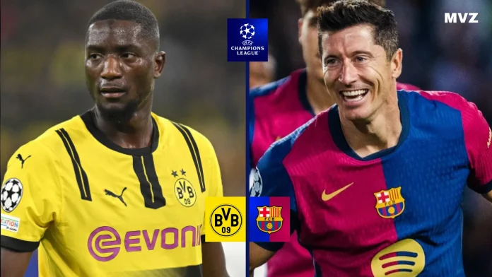 affiche-dortmund-vs-barcelone-avec-guirassy-a-gauche-et-lewandowski-a-droite-en-ligue-des-champions